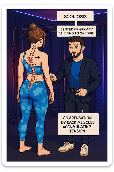 fai questa immagine in versione manga/webtoon a colori, il manga mostra la donna di spalle, mentre l'uomo le tocca la spina dorsale per spiegarle come funziona la scoliosi:
Con una scoliosi il baricentro corporeo cade maggiormente da un lato; per non cadere la schiena compensa accumulando tensione sul fianco opposto.
Il risultato? Si inclina e ruota sempre più, fino a che non cede (discopatie, artrosi, ecc) sticker