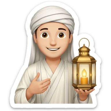 Young man with a happy smile, wearing a traditional white thobe and holding a lantern. sticker