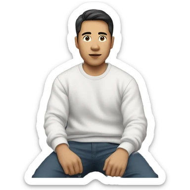 asian man in white sweatshirt lying in front of car sticker