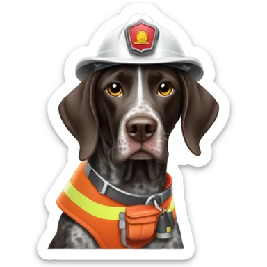 German short haired pointer dog wearing a fireman helmet sticker