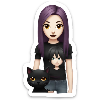 Pale girl with black eyeshadow and burgundy colored hair with an emo haircut that’s long and layered holding a black cat sticker