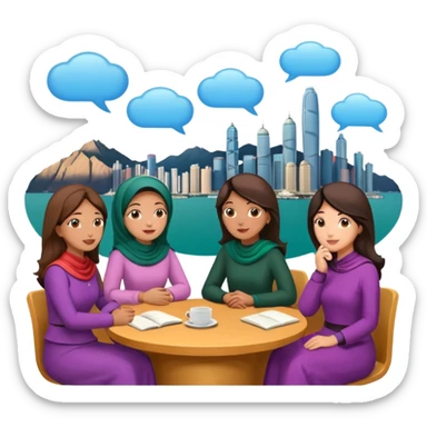 A group of Pakistani women sitting around and sharing knowledge, with talking bubble of Hong kong scenary in it sticker