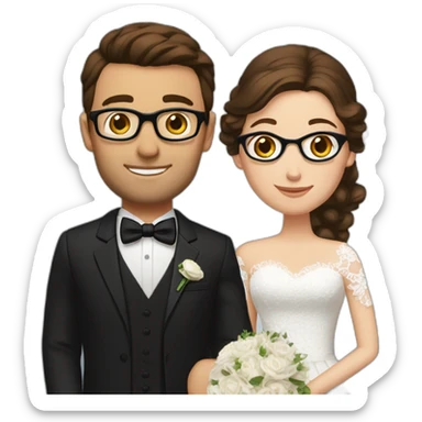 Wedding couple. Bride has brown hair pinned up. She wears lace dress. She has blue eyes. Groom has black suit and black vest. He has brown hair. He wears glasses. He has brown eyes t sticker
