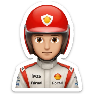 Man, brown eyes, brown silky hair, lightly tanned, wearing a formula one outfit sticker