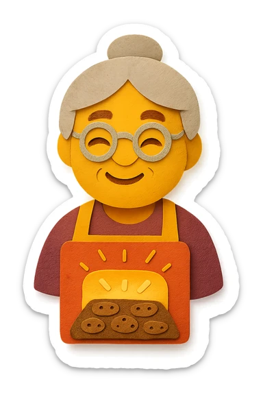 Portrait of a proud grandma wearing a golden apron, standing in front of a glowing oven, cookies baking inside, magical warmth, emoji-style sticker