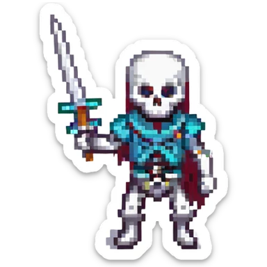 sword-wielding skeleton, pixel art, classic video game style sticker