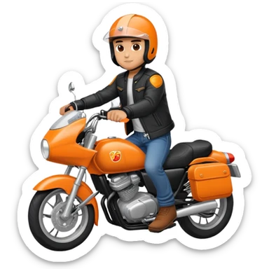guy riding orange motorcycle with black helmet and jeans and black jacket  sticker