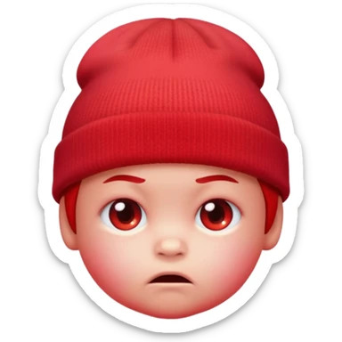 a baby red upset face emoji with a glowing pastel red gradient behind it, red beanie hat on sticker