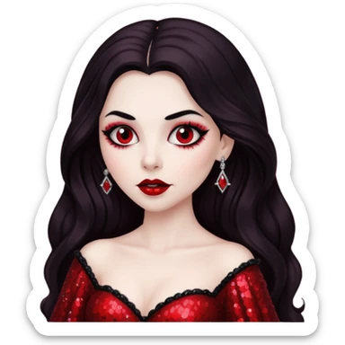 Bride of Dracula with long dark brown hair, red sequin outfit sticker