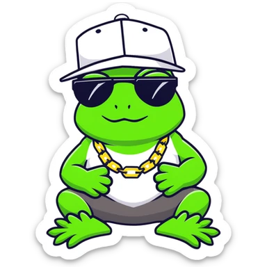 thug life frog with pixelated black sunglasses, gold chain, snapback hat, tough gangster pose sticker