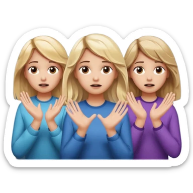3 girls : one with wavy blond middle length hair, one with long straight long hair, one with dark blond middle length hair,  the girl in the center is puzzled with her hands to her head, question marks on the background sticker