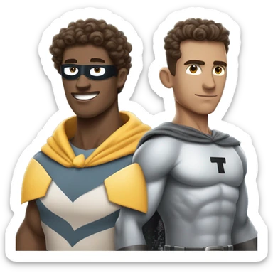 curly brown hair man and pigeon man with letter 'T' on the chest crossover into   single superhero character. sticker