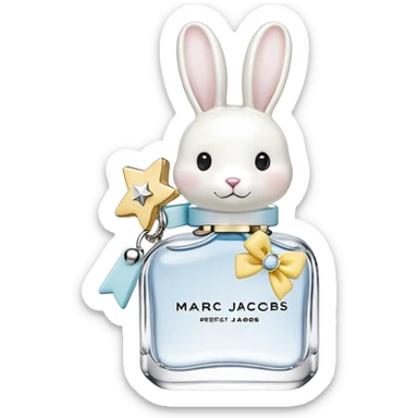 Create an emoji of a clear perfume bottle labeled ‘Perfect Marc Jacobs’ with a silver cap topped with fun charms: a silver star, white bow, yellow ring, blue rabbit, and domino tile. Soft pastel colors, cute and playful style sticker