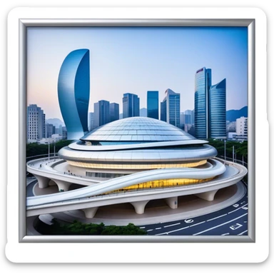 Realistic Dongdaemun Design Plaza (DDP) Landmark Emoji, featuring the iconic curving silver structure with futuristic architecture, illuminated pathways, and a sleek modern design set against the Seoul cityscape. sticker