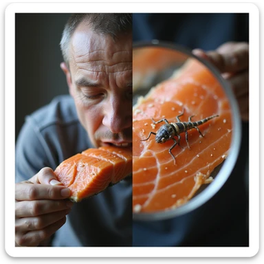 educational image split in half showing a man eating salmon on one side and a magnified view of the salmon slice with visible parasites on the other, realistic 4K style sticker