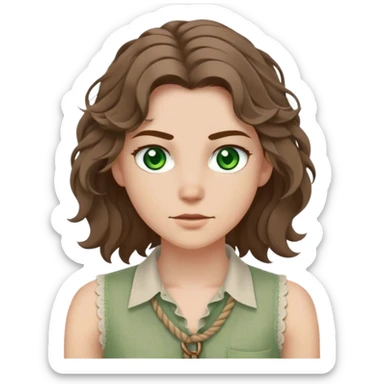 medieval summer outfit worn by a DnD themed fantasy character. basic sleeveless linen shirt with a laced neckline and a simple rope belt. clothes only above the waist. The clothes full waist. The character's haven't arms. character is white-skinned, brown hair, green eyes, shoulder-length wavy hair. sticker