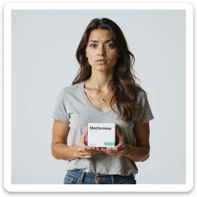 hyperrealistic 4K vertical 9:16 image of a woman with PCOS or insulin resistance standing on isolated white background, holding a box of Metformin with the word 'Metformina' clearly visible, expression disappointed or frustrated sticker