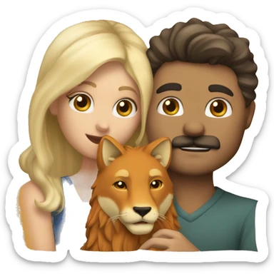 One blonde guy with mustache and one blonde gal kissing and holding hands with a lion and a fox sitting with them sticker