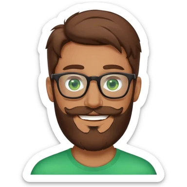 Superman with brown hair, a beard, and glasses on. Eyes are green. Happy face sticker