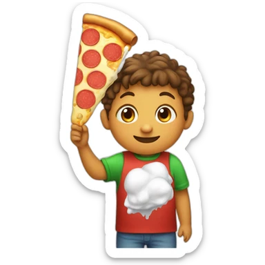 A kid with a pizza balloon eating an ice cream sticker