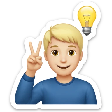 A boy with smily face with victory sign and bulb is glowing above face sticker