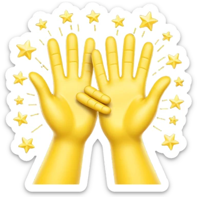 A 3D digital emoji of two yellow cartoon hands doing a joyful high five, palms clapping together in the air, with bright sparkles and motion lines to show excitement and celebration, Apple emoji style sticker