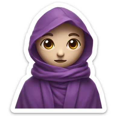 a small creature's head is wrapped in a purple scarf, only 1 eye is visible and it is white, there is a brown robe on the body sticker