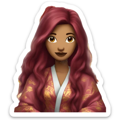 Beautiful tattooed burgundy long haired woman in silk robe sticker