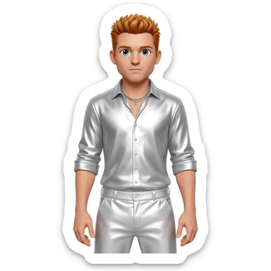 Brian Littrell from Backstreet Boys with blue eyes, reddish blonde hair, white metallic shirt, white metallic baggy pants, silver necklace sticker