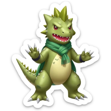 Shiny Cool Sparkly Cute Tyranitar-Fakemon-hybrid-fusion with a scarf full body sticker