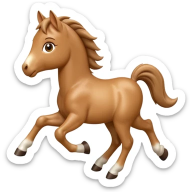 3D Apple-style emoji of a running foal. Small young horse with light brown body, short mane, big eyes, rounded and glossy, smooth shading, white background.

 sticker