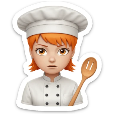 girl, Short orange hair, angry, wearing chef uniform and chef hat sticker