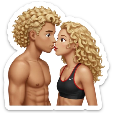 athletic man, high top fade, blonde curly hair only top only, no shirt and Athletic girl with long light red wavy long hair and black sports, Put them together kissing, or holding hands sticker