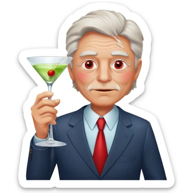 older businessman with red face holding martini glass, disheveled appearance sticker