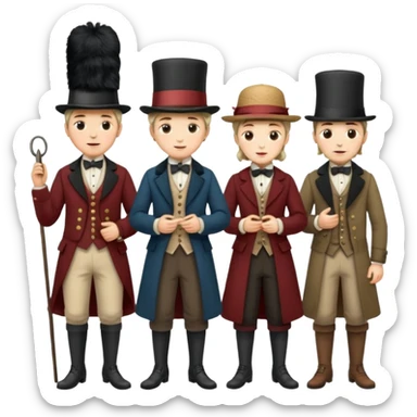 group of 19th century people, full body, period-appropriate clothing and hats, standing together, expressive faces, no text sticker