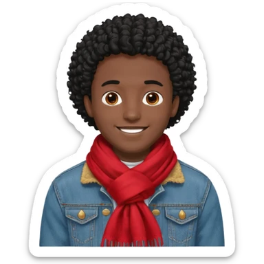 black skin man, curly black hair wear big red scraft, jean jacket sticker