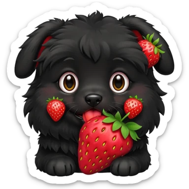 A black fluffy puppy with a strawberry sticker