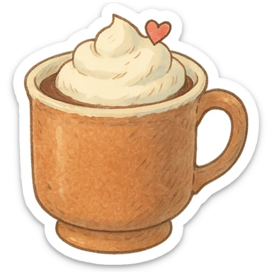 a cup of cocoa with whipped cream, Japanese soft pastel hand-drawn style, full object, transparent background, with a tiny heart on the cream sticker