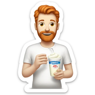 Tall white man short red hair and beard eating a vanilla yogurt from a long plastic baggie sticker