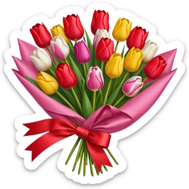 bouquet of many tulip with bow and yellow wrapping paper sticker