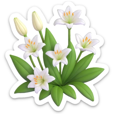 detailed white lily with six petals, a closed bud, and several green leaves sticker