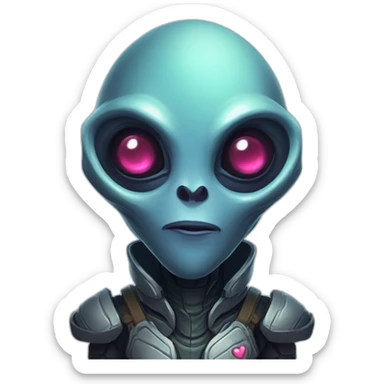 alien with a heart in the eyes futuristic roguelike rpg style inspired by hearthstone sticker