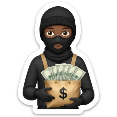 Black Ski mask holding bags of money with  skin color black sticker