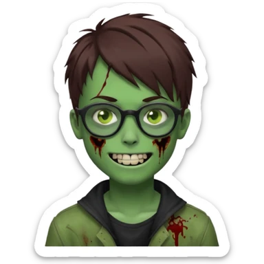 Zombie emo boy, green skin and brown hair, black glasses and a scary smile, scars and blood under eyes sticker