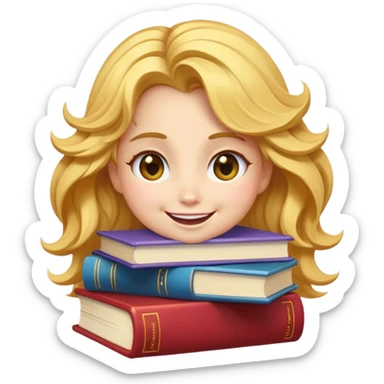 Cinematic Adorable Belle Portrait Emoji, Giggling as she hugs a stack of books, eyes twinkling with excitement, golden hair tousled slightly, a perfect mix of beauty and endearing nerdiness! sticker