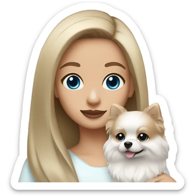 Brunette girl with light skin and blue eyes holding a white pomeranian  sticker