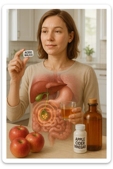 A detailed, realistic illustration or photo-style image showing a person holding a small glass of apple cider vinegar in one hand and a capsule labeled ‘Acido Malico’ in the other. In the foreground or as an overlay, a semi-transparent anatomical view of the abdomen highlights the gallbladder with visible small gallstones inside. Around the gallstones, gentle glowing waves or soft dissolving effects symbolize the softening or breakdown of the stones due to the natural acids. The person looks hopeful and calm, in a bright kitchen setting with fresh apples and natural health products on the counter. The overall mood is informative, natural, and hopeful about non-invasive, natural support for gallstone health sticker