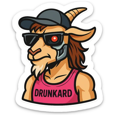 goat-terminator for Telegram stickers inspired by reference https://attic.sh/feoducyurkpqwz0la088soao98sx: wearing a cap, glasses, mullet hairstyle, pink drunkard tank top.  sticker