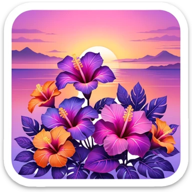 Iridescent tropical exotic beautiful pretty Purple pink and orange gradient hibiscuses sunset sunrise full scenery aesthetic deco sticker