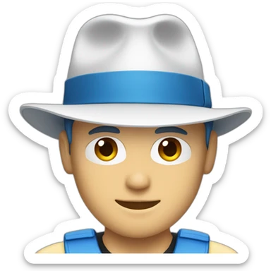 white man with blue/black high tech gear on face and with fedora hat sticker